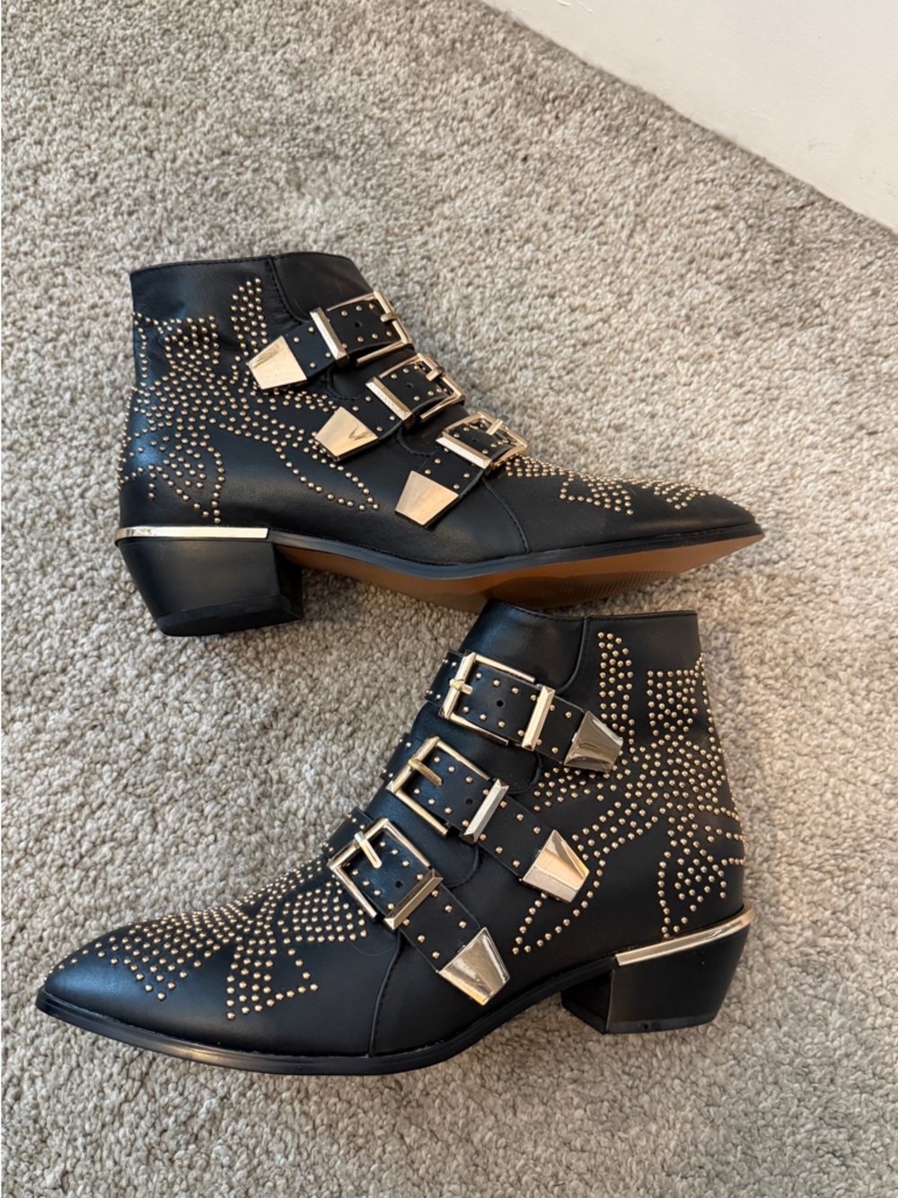 Black Studded Buckle Ankle Boots